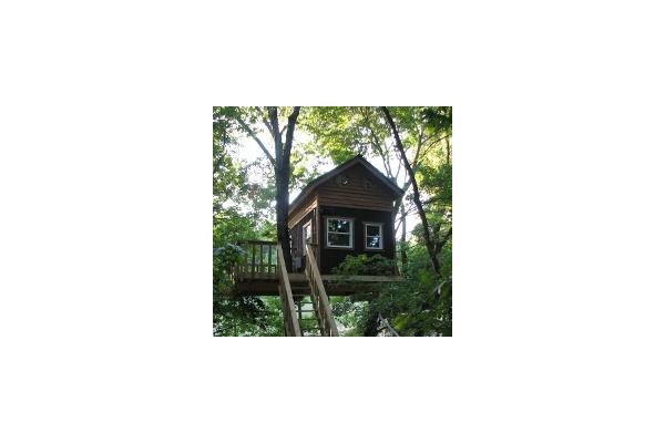This treehouse is suspended between a white oak and red maple 16' into the canopy. It sleeps 2-4 people & includes heating & air conditioning, bath with toilet & shower, small kitchenette and spa qua