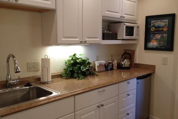 Fully appointed kitchenette with hot plate, fridge, microwave, dishes, cutlery, utensils, etc. 